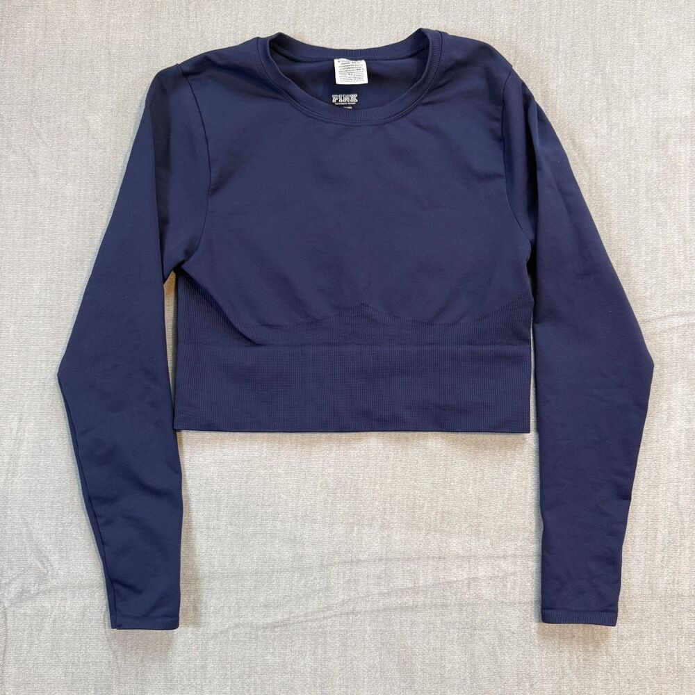 Victoria Secret Pink Seamless Navy Crop Size M Long Sleeve Shirt Women's SO CUTE
